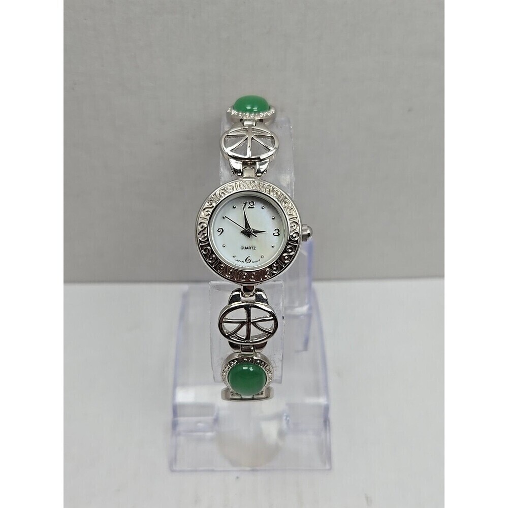 Avon Green Cabochon Oval Link Bracelet Watch Silver Tone Quartz New Battery